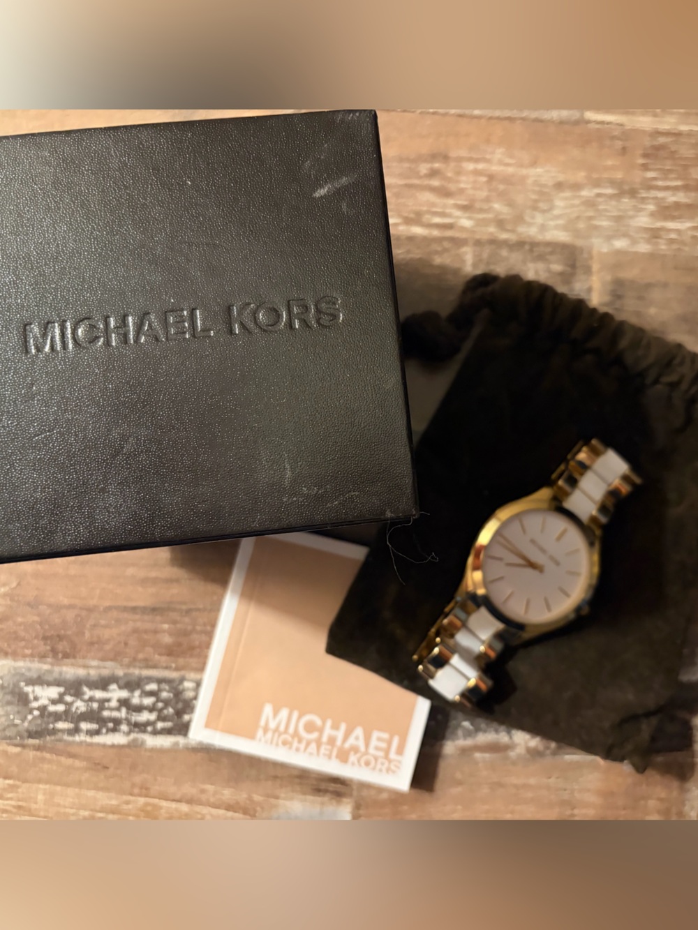 Michael Kors Women's MK-4295 Gold-Tone & White Acetate Analog Watch Boxed 🤍
